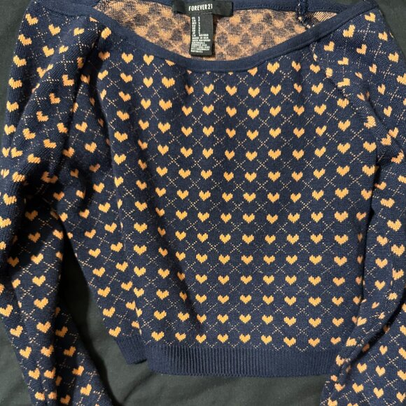 Forever 21- cute women's navy sweater with orange hearts-S-new - Picture 1 of 2